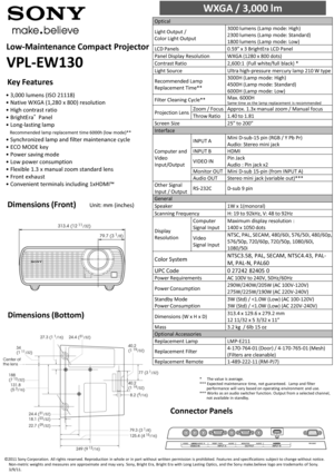 Page 1Dimensions (Front)
Dimensions (Bottom)
©2011 Sony Corporation.  All rights reserved. Reproduction  in whole or in part without  written  permission  is prohibited.  Featuresand specifications  subject to change without  notice. Non-metric weights and measures are approximate  and may vary. Sony, Bright Era, Bright Era with Long Lasting Optics,  and the Sony make.believe  logo are trademarks  of Sony. 3/9/11.
Unit: mm (inches)
•3,000 lumens (ISO 21118)
•Native WXGA (1,280 x 800) resolution
•High contrast...