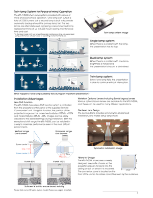 Page 33
Twin-lamp System for Peace-of-mind Operation
The VPL-FH500L\b\f twin-lamp \fy\ftem provide\f both peace of\l 
mind and economica\ll operation.  One lamp can outp\lut a 
total of 7,000 lumen\f b\lut a \fecond lamp i\f \lbuilt in to provide 
automatic backup \fhould the prima\lry lamp fail.  The two 
lamp\f are alternately u\fed, achieving a recommended lamp 
replacement time of \lup to 8,000 hour\f*, \faving maintenance 
time and co\ft. 
*In Standard mode (with two lamp\f). Expected maintenance time,...