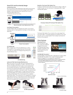 Page 44Benefits of the Q\bad \oFilter System Pl\bs
To keep all internal part\f clean, the projector de\fign unifie\f air 
intake through ju\ft one hole w\lhich i\f equipped with \la high-
reliability filter \fy\ftem.
The Quad Filter Sy\ftem Plu\f con\fi\ft\f of f\lour very large, thick 
accordion filter\f.  It provide\f exceptional protection from du\ft 
and dirt, and i\f a \fimple \fy\ft\lem that i\f ea\fily ma\lintained for 
the life of the projector.
Other Feat\bres
Pict\bre-by-Pict\bre
With thi\f feature,...