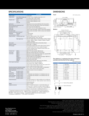 Page 8SPECIFICATIONSDIMENSIONS
Front
Center of the lens20 
7/8 (530\f
8 3/8 (213\f
4 
1/8 (105\f
8 1/32 (204\f
10 7/16 (265\f
\bnit: inches (mm\f
8 15/32 (215\f
 9/16 (14\f
5 9/16 (141\f
Center of the lens\3
8 15/32 (215\f
5 9/16 (141\f
2 15/32
(62.5\f
5 
13/32 (137.2\f
18 
23/32 (475.2\f
18 
21/32 (474\f
21 
15/32 (545\f
Ø24
5 5/32 (131\f
5 5/32 (131\f
8 1/2 (216\f
8 1/2 (216\f
Bottom
VPL-FH500L
Display system 3 LCD system
Display device Size of effective display area 0.95” (24.1 mm) x 3, BrightEra, Aspect...