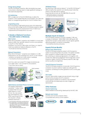 Page 33
Multiple Inputs & Outputs
VPL-D100 Series projectors include a speaker (1 W) and 
a variety of interfaces* (RGB, HDMI, RJ-45, USB Type-A, USB 
Type-B) that accept a wide variety of inputs signals, greatly 
expanding system connection possibilities.
* The VPL-DW126, VPL-DX146,  & VPL-DX126.
Superb Picture Quality
Brilliant Color Performance
The VPL-D100 Series projectors adopt a 3LCD projection 
system incorporating three LCD panels.  This system enables 
each projector to present bright and natural...