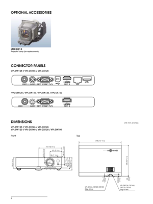 Page 44
DIMENSIONSUnit: mm (inches)
To p
Front
CONNECTOR PANELS
VPL-DW126  / VPL-DX146  / VPL-DX126
VPL-DW126  / VPL-DX146  / VPL-DX126
VPL-DW120  / VPL-DX140  / VPL-DX120  / VPL-DX100 VPL-DW120  / VPL-DX140  / VPL-DX120  / VPL-DX100
315 (12 13/32)
7.5 ± 1
(9/32)
11.9 ± 1 (
15/32)
2.5
(3/32) 230.5 (9 
1/16)
VPL-DW126 / DX146 /
DW120 / DX140
Edge of lens
VPL-DX126 / DX120 / DX100
Edge of lens
78.2 (3 
7/16)
78 (3 1/16)
75 (2 15/16)
66 (2 19/32) 46.3 (1 
13/16)
33.3 (1 
5/16)
26 (1 1/32)
81 (3 
3/16)
157.5 (6...