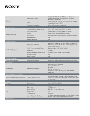 Page 3General
Integration PartnerYes (Control4 Certified, AMX Device Discovery, Crestron Integrated Partner, Savant Partner in Excellence, RTI & URC)
Lens14 element with aspheric front element and 4K All range Crisp Focus (ARC-F)
Projection Picture Size60" to 300" measured diagonally
General Features
General Features
Acceptable Computer SignalsfH: 19 to 72 kHz, fV: 48 to 92 Hz, fV: 60 Hz
Information MenuHorizontal and Vertical frequency display
Input AD-sub 15 Pin, Analog RGB/Component
Lens...