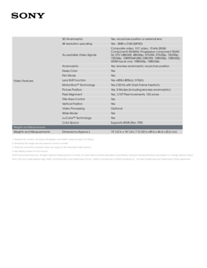 Page 41. Requires 3D content, 3D player, 3D glasses, and HDMI® cable (at least 10.2 Gbps).
2. Simulated 3D image will vary based on source content. 
3. Ethernet connection required. Fees may apply for 4K networked video service.
4. 60p display based on 4:2:0 source.
© 2013 Sony Electronics Inc. All rights reserved. Reproduction in whole or in part without written permission is prohibited. Features and specifications are subject to change without notice. 
Sony, the Sony make.believe logo, SXRD, and Motionflow...