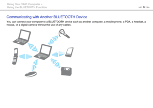 Page 7171nN Using Your VAIO Computer >
Using the BLUETOOTH Function
Communicating with Another BLUETOOTH Device
You can connect your computer to a BLUETOOTH device such as another computer, a mobile phone, a PDA, a headset, a 
mouse, or a digital camera without the use of any cables. 