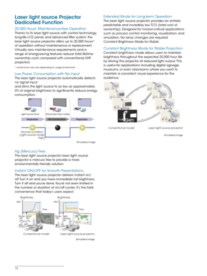 Page 1818
Laser light source Projector 
Dedicated Function
20,000 Hours’ Maintenance-free Operation
Thanks to its laser light source with control technology, 
long-life LCD panel, and advanced filter system, the 
laser light source projector offers up to 20,000 hours* 
of operation without maintenance or replacement. 
Virtually zero maintenance requirements and a 
range of energysaving features reduce total lifetime 
ownership costs compared with conventional UHP 
projectors.  
* Actual hours may vary depending...