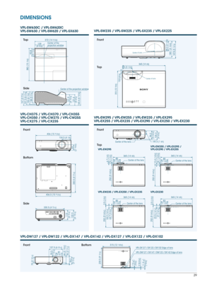 Page 2929
315 (12 13/32)
7.5 ±1
(9/32)
11.9 ±1
(
15/32)
2.5(3/32)
230.5 (9 1/16)VPL-DW127 / DX147 / DW122 / DX142 Edge of lens VPL-DX127 / DX122 / DX102 Edge of lens
78.2
(3 7/16) 78 (3 
1/16)
75 (2 
15/16)
66 (2 
19/32)
33.3
(1 
5/16)81
(3 3/16)
157.5 (6 
3/16)
365 (14 3/8)
365 (14 3/8)
365 (14 
3/8) 365 (14 3/8)
85
(3 
11/32) 85
(3 11/32)
85
(3 
11/32) 83
(3 11/32)
6.7 (
1/4)
252 (9 
29/32)
252 (9 
29/32)
252 (9 
29/32)
252 (9 
29/32) 9 (
11/32)
Center of the lens
Center of the lens
Center of the lens
Center...