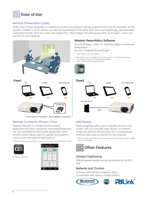 Page 66
Network	Presentation	(LAN)
When one of these projectors is installed on a LAN, presentations can be projected from any PC and Mac on the 
network. A tablet or smart phone can also be connected at the same time. Users can project jpg, pdf, and other 
supported formats. Up to four users can project PC / Mac images simultaneously, while up to eight*
1 users can 
connect to one projector.
Wireless Presentation Software
For MS Windows / Mac OS: Projector Station for Network 
Presentation
For iOS / Android...