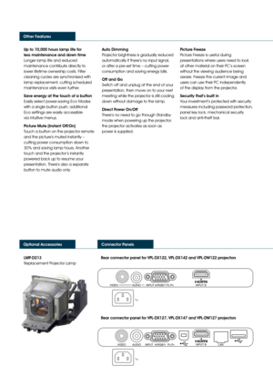 Page 3VPL-DX122/DX127 XGA resolution with 2600 lumens 
VPL-DX142/DX147 XGA resolution with 3200 lumens 
VPL-DW122/DW127 WXGA resolution with 2600 lumens
Up to 10,000 hours lamp life for  
less maintenance and down time 
Longer lamp life and reduced 
maintenance contribute directly to 
lower lifetime ownership costs. Filter 
cleaning cycles are synchronised with 
lamp replacement, cutting scheduled 
maintenance visits even further. 
Save energy at the touch of a button
 
Easily select power-saving Eco Modes...