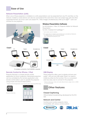 Page 66
Network	Presentation	(LAN)
When one of these projectors is installed on a LAN, presentations can be projected from any PC and Mac on the 
network. A tablet or smart phone can also be connected at the same time. Users can project jpg, pdf, and other 
supported formats. Up to four users can project PC / Mac images simultaneously, while up to eight*
1 users can 
connect to one projector.
Wireless Presentation Software
For MS Windows / Mac OS: Projector Station for Network 
Presentation
For iOS / Android...