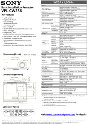 Page 1Key Features
Basic Installation Projector
VPL-CW256
WXGA / 4,500 lm
Optical
Light Output /Color Light Output
4500 lumens (Lamp mode: High) 3400 lumens (Lamp mode: Standard) 2500 lumens (Lamp mode: Low) LCD Panels0.75”x 3 BrightEraLCD Panel Panel Display ResolutionWXGA (1280 x 800 dots) Contrast Ratio3,700:1  (Full white/full  black) *1
Light SourceUltra high-pressure mercury lamp 245 W type
Recommended LampReplacement Time*2
3000 H (Lamp mode: High) 4000 H (Lamp mode: Standard) 5000 H (Lamp mode: Low)...