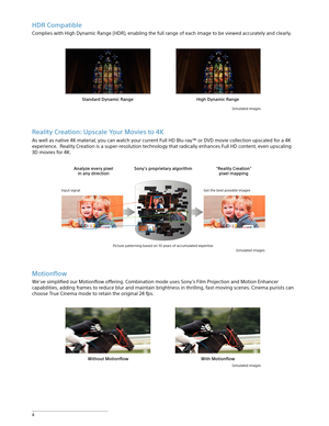 Page 44
As well as native 4K material, you can watch your current Full HD Blu-ray™ or DVD movie collection upscaled for a 4K 
experience.  Reality Creation is a super-resolution technology that radically enhances Full HD content, even upscaling 
3D movies for 4K.
Simulated images
Sony’s proprietary algorithm
Picture patterning based on 10 years of accumulated expertise
Analyze every pixel  in any direction“Reality Creation”  pixel mapping
Input signalGet the best possible images
Reality Creation: Upscale Your...