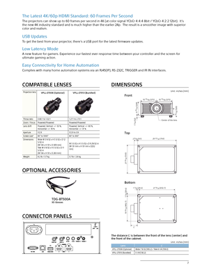 Page 77
USB Updates
To get the best from your projector, there’s a USB port for the latest firmware updates.
Low Latency Mode
A new feature for gamers. Experience our fastest ever response time between your controller and the screen for 
ultimate gaming action.
Easy Connectivity for Home Automation
Complies with many home automation systems via an RJ45(IP), RS-232C, TRIGGER and IR IN interfaces.
CONNECTOR PANELS
The Latest 4K/60p HDMI Standard: 60 Frames Per Second
The projectors can show up to 60 frames per...