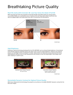 Page 3High Brightness
Drawing on optical technology developed for the VPL-VW1100ES, we’ve achieved high brightness. Conventional  
home theater projectors typically enhance the green color to secure image brightness. However, this projector  
boasts our new Bright Cinema and Bright TV modes. Optical block and signal processing improvements bring  
high brightness without a loss in color reproduction and contrast, so you can enjoy bright, crisp images even  
when viewing in a well-lit room.
Remarkable Dynamic...