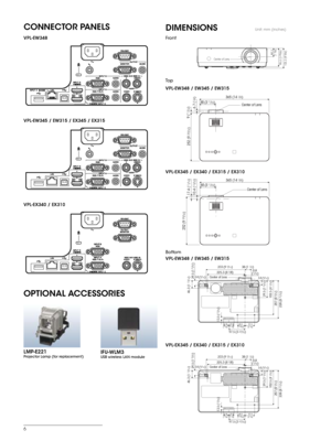 Page 66
DIMENSIONSUnit: mm (inches)
To p
Bottom Front
CONNECTOR PANELS
VPL-EW348VPL-EX345 / EX340 / EX315 / EX310
VPL-EW348 / EW345 / EW315 VPL-EW348 / EW345 / EW315
VPL-EW345 / EW315 / EX345 / EX315
VPL-EX340 / EX310
VPL-EX345 / EX340 / EX315 / EX310
365 (14 3/8)
85 (3 11/32)6.7 (
1/4)
Center of Lens
252 (9 
29/32) 9 (
11/32)
225.3 (8 7/8) 38 (1 
1/2)
228 (8 
31/32)
207 (8 5/32)
102.5 (4 1/32) 29.5 (1 
5/32)
3
1 .8  
(1 1/4) (1 1/4)97.5 (3 27/32)
14 (
9/16)
29.5 (1 
5/32)
3
1.8  
57.4  
(2 1/4)
45.
3 
(1...