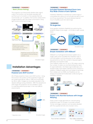 Page 66
Installation Advantages
VPL-FHZ65/FHZ60 VPL-FH65/FH60
Powered Lens Shift Function*
All of these projectors have a Lens Shift function.  Using 
this function, the position of the projected image can 
be moved vertically by -32% to +32% and horizontally 
by -5% to +60%.  Images can be easily adjusted to the 
desired settings during installation.  With this exceptional 
shift range, the projectors can be installed in ways 
to maximize performance even in the most difficult 
environments.
VPL-FHZ65/FHZ60...