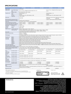 Page 10SPECIFICATIONS
VPL-FHZ65VPL-FHZ60VPL-FHZ57 VPL-FH65VPL-FH60
Display system 3 LCD system
Display device
Size of effective display 
area0.76” (19 mm) x 3 BrightEra LCD Panel, Aspect ratio: 16:10 0.76” (19 mm) x 3 BrightEra LCD Panel, Aspect ratio: 
16:10
Number of pixels 6,912,000 (1920 x 1200 x 3) pixels
Projection lens*
1Zoom Powered (Approx. x 1.6) Powered (Approx. x 1.6)
Focus Powered Powered
Lens shift Powered, Vertical: -5%, +60%, Horizontal: +/-32% Powered, Vertical: -5%, +60%, Horizontal: +/-32%...