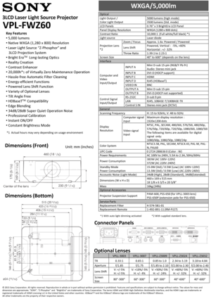 Page 1Dimensions (Front)Unit: mm (inches)
Key Features
•5,000 lumens
•Native WXGA (1,280 x 800) Resolution
•Laser Light Source “Z-Phosphor” and 
3LCD Projection System
•Bright EraTMLong-lasting Optics
•Reality Creation 
•Contrast Enhancer
•20,000h*1of Virtually Zero Maintenance Operation
•Hassle-free Automatic Filter Cleaning
•Energy-efficient Functions
•Powered Lens Shift Function
•Variety of Optional Lenses
•Tilt Angle Free 
•HDBaseTTMCompatibility
•Edge Blending
•34dB/28dB Super Quiet Operation Noise...