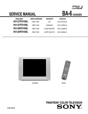 Page 2 SERVICE MANUAL BA-6 CHASSIS
TRINITRON® COLOR TELEVISION
       MODEL NAME  REMOTE COMMANDER DESTINATION   CHASSIS NO. 
9-965-948-02
KV-27FS100L RM-Y180 US  SCC-S61G-A
KV-27FS100L RM-Y180 CANADA SCC-S59G-A
KV-29FS100L RM-Y180 LATIN NORTH SCC-S60R-A
KV-29FS100L RM-Y180 LATIN SOUTH SCC-S60S-A
Self DiagnosisSupported model
KV-27FS100L RM-Y180  