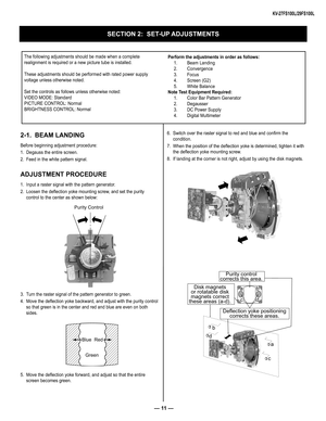 Page 11— 11 —
KV-27FS100L/29FS100L
The following adjustments should be made when a complete 
realignment is required or a new picture tube is installed. 
These adjustments should be performed with rated power supply 
voltage unless otherwise noted.
Set the controls as follows unless otherwise noted:
VIDEO MODE: Standard
PICTURE CONTROL: Normal
BRIGHTNESS CONTROL: Normal
SECTION 2:  SET-UP ADJUSTMENTS
Perform the adjustments in order as follows:
 1. Beam Landing
 2. Convergence
 3. Focus
 4. Screen (G2)
 5....