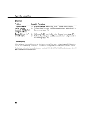 Page 10440
 Operating Instructions
Channels
Contacting Sony
Before calling our Customer Information Services Center, reset the TV to factory settings (see page 21). Please have 
your TV serial number ready. The number is located on the rear of your TV and on the front cover of this manual.
Our Customer Information Services Center phone number is 1-800-222-SONY (7669) (US residents only) or (416) 499-
SONY (7669) (Canadian residents only). 
Problem Possible Remedies
I cannot receive 
higher number 
channels (UHF)...