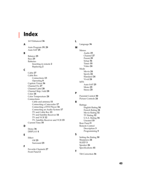 Page 10643
Index
16:9 Enhanced36
A
Auto Program19, 28
Auto SAP25
B
Balance25
Bass25
Batteries
Inserting in remote
2
Replacing2
C
Cable27
Cable Box
Connections
13
Operating8
Caption Vision36
Channel Fix27
Channel Label28
Channel Skip/Add28
Color24
Color Temperature24
Connections
Cable and antenna
11
Connecting a Camcorder17
Connecting a DVD Player16
Connecting an Audio System17
TV and Cable Box13
TV and Satellite Receiver14
TV and VCR12
TV, Satellite Receiver and VCR15
Current Time35
D
Demo36
DISPLAY4
E
Effect...