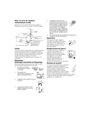 Page 114 Guide de lutilisateur
Mise à la terre de lantenne 
conformément au NEC
Reportez-vous à la section 54-300 du Code canadien de 
l’électricité en ce qui concerne la mise à la terre de l’antenne.
Foudre
Pour une protection supplémentaire de cet appareil récepteur 
de télévision durant les orages accompagnés de foudre, ou 
lorsque l’appareil doit rester sans surveillance et sans usage 
pour des périodes prolongées, débranchez-le de sa prise 
murale et déconnectez l’antenne. Ceci évitera 
l’endommagement de...