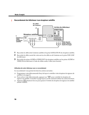 Page 130 Mode demploi
16 Raccordement du téléviseur à un récepteur satellite
1Raccordez le câble entre lantenne satellite et la prise SATELLITE IN du récepteur satellite.
2Raccordez le câble coaxial de votre service du câble ou de lantenne sur la prise VHF/UHF 
du téléviseur.
3Raccordez les prises AUDIO et VIDEO OUT du récepteur satellite sur les prises AUDIO et 
VIDEO IN du téléviseur à laide de câbles audio/vidéo (non fournis).
Utilisation de votre téléviseur avec ce raccordement
Ce raccordement vous permet de...