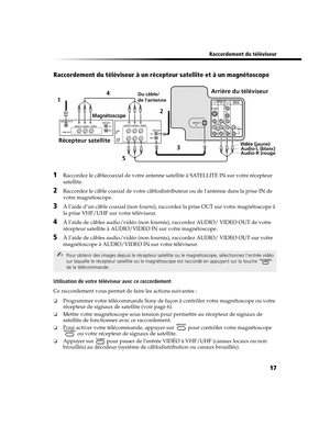 Page 13117
Raccordement du téléviseur
Raccordement du téléviseur à un récepteur satellite et à un magnétoscope
1Raccordez le câblecoaxial de votre antenne satellite à SATELLITE IN sur votre récepteur 
satellite.
2Raccordez le câble coaxial de votre câblodistributeur ou de lantenne dans la prise IN de 
votre magnétoscope.
3À l’aide d’un câble coaxial (non fourni), raccordez la prise OUT sur votre magnétoscope à 
la prise VHF/UHF sur votre téléviseur.
4À l’aide de câbles audio/vidéo (non fournis), raccordez AUDIO/...