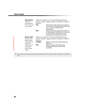 Page 14028
 Mode demploi
Haut-parleur
Sélection 
personnalisée 
de la source de 
sortie audioUtilisez les touches 
F ou f pour sélectionner lune des 
options suivantes. Appuyez ensuite sur   pour valider la 
sélection.
Oui : Sélectionnez cette option pour écouter le 
son à partir des haut-parleurs du téléviseur 
avec ou sans une chaîne stéréo 
indépendante.
Non : Sélectionnez cette option pour désactiver 
les haut-parleurs du téléviseur et écouter le 
son du téléviseur uniquement via les 
enceintes dune chaîne...