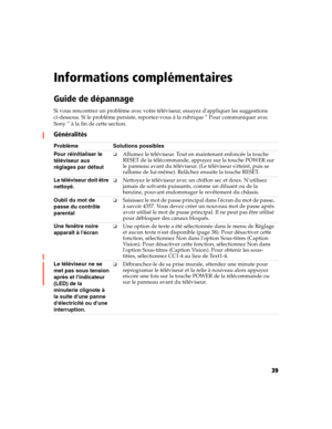 Page 15139
Informations complémentaires
Guide de dépannage
Si vous rencontrez un problème avec votre téléviseur, essayez dappliquer les suggestions 
ci-dessous. Si le problème persiste, reportez-vous à la rubrique “ Pour communiquer avec 
Sony ” à la fin de cette section.
Généralités
Problème Solutions possibles
Pour réinitialiser le 
téléviseur aux 
réglages par défaut
❏Allumez le téléviseur. Tout en maintenant enfoncée la touche 
RESET de la télécommande, appuyez sur la touche POWER sur 
le panneau avant du...