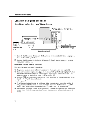 Page 17612
 Manual de instrucciones
Conexión de equipo adicional
Conexión de un Televisor y una Videograbadora
1Conecte el cable coaxial de la antena del Televisor o del sistema de televisión por pago a la 
toma IN de la Videograbadora.
2Conecte el cable coaxial (no incluido) de la toma OUT de la Videograbadora a la toma 
VHF/UHF del Televisor.
Utilizando su Televisor con estas conexiones
Esta conexión le permite hacer lo siguiente:
❏Programar su control remoto Sony para operar su Videograbadora (ver página 5)....