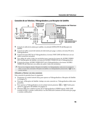 Page 179 Conexión del Televisor
15
Conexión de un Televisor, Videograbadora y un Receptor de Satélite
1Conecte el cable de la antena por satélite a la entrada SATELLITE IN del Receptor de 
Satélite.
2Conecte el cable coaxial del sistema de televisión por pago o antena a la toma IN de la 
Videograbadora.
3Conecte la toma OUT de la Videograbadora a la toma VHF/UHF del Televisor con un 
cable coaxial (no incluido).
4Use cables de audio/video (no incluidos) para conectar las tomas de AUDIO/VIDEO 
OUT del Receptor de...