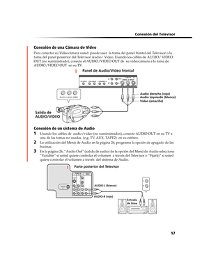 Page 181 Conexión del Televisor
17 Conexión de una Cámara de Video
Para conectar su Videocámara usted  puede usar  la toma del panel frontal del Televisor o la 
toma del panel posterior del Televisor Audio/ Video. Usando los cables de AUDIO/ VIDEO 
OUT (no suministrado), conecte el AUDIO/VIDEO OUT de  su videocámara a la toma de 
AUDIO/VIDEO OUT  en su TV.
Conexión de un sistema de Audio
1Usando los cables de  audio/video (no suministrados), conecte AUDIO OUT en su TV a 
una de las tomas no usadas  (e.g. TV,...