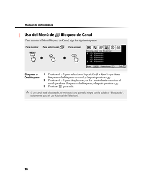 Page 19230
 Manual de instrucciones
Uso del Menú de   Bloqueo de Canal
Bloquear o 
Desbloquear1Presione F o f para seleccionar la posición (1 a 4) en la que desee 
bloquear o desbloquear un canal y después presione 
.
2Presione F o f para desplazarse por los canales hasta encontrar el 
canal que desee bloquear o desbloquear y después presione 
.
3Presione  para salir.
MoverSeleccionarSalir
Bloqueo de Canal
10: Permitir
11: Permitir
12: Permitir
13: Permitir
14: Permitir
Para accesar al Menú Bloqueo de Canal,...