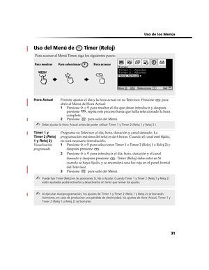 Page 193 Uso de los Menús
31
Uso del Menú de   Timer (Reloj)
Hora ActualPermite ajustar el día y la hora actual en su Televisor. Presione   para 
abrir el Menú de Hora Actual:
1Presione 
F o f para resaltar el día que desee introducir y después 
presione  , repita este proceso hasta que halla seleccionado la hora 
completa.
2Presione   para salir del Menú.
Timer 1 y 
Timer 2 (Reloj 
1 y Reloj 2)
Visualización 
programadaPrograma su Televisor al día, hora, duración y canal deseado. La 
programación máxima del...