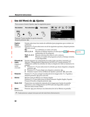 Page 19432
 Manual de instrucciones
Uso del Menú de   Ajustes
Caption
Vision
SubtítulosPermite seleccionar tres modos de subtítulos (para programas que se emiten con 
subtítulos).
Presione 
F o f para seleccionar una de las siguientes opciones y después presione 
 para accesar.
No:  Los subtítulos no están activados.
CC1, 2, 3, 4:  Muestra el diálogo impreso y la descripción scrita de sonidos 
ambientales de un programa.
Text1, 2, 3, 4:  Muestra información sobre la red o emisora.
XDS:  Muestra el nombre del...