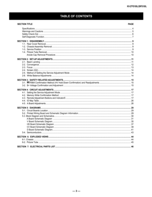 Page 3— 3 —
KV-27FS100L/29FS100L
TABLE OF CONTENTS
SECTION TITLE   PAGE
Specifications.............................................................................................................................................................................4
Warnings and Cautions..............................................................................................................................................................5
Safety...
