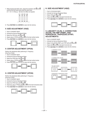 Page 27— 27 —
KV-27FS100L/29FS100L
7.  While showing the SCOL item, adjust the waveform with 3 and 6 
until the  Þ rst and fourth bars show the same level 
(V1 = V4 < 0.15Vp-p).  Set Sub Col offset not required.
 
V1 V2 V3
V4
8. Press MUTING  then ENTER to save into the memory.
V. SIZE ADJUSTMENT (VSIZ)
1.  Input a crosshatch signal.
2.  Activate the Service Adjustment Mode.
3.  Select the VSIZ item with 
1
 and 4 .
4.  Adjust  value of VPOS with 
1
 and 4 for the best vertical center.
5. Press 
MUTING  then...