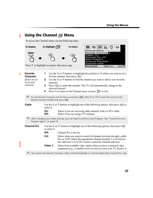 Page 91 Using the Menus
27
Using the Channel   Menu
Favorite 
Channels
Quick access 
to favorite
channels
1Use the F or f buttons to highlight the position (1-5) where you want to set a 
favorite channel, then press  .
2Use the F or f buttons to find the channel you want to add to your favorite 
channels.
3Press   to select the channel. The TV will automatically change to the 
selected channel.
4Press G to return to the Channel menu or press   to exit.
CableUse the F or f buttons to highlight one of the...