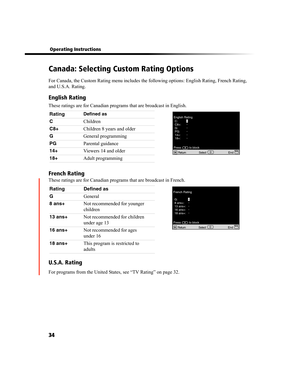 Page 9834
 Operating Instructions
Canada: Selecting Custom Rating Options
For Canada, the Custom Rating menu includes the following options: English Rating, French Rating, 
and U.S.A. Rating.
English Rating
These ratings are for Canadian programs that are broadcast in English.
French Rating
These ratings are for Canadian programs that are broadcast in French.
U.S.A. Rating
For programs from the United States, see “TV Rating” on page 32.
English Rating
C:
C8+:
G:
PG:
14+:
18+:-
-
-
-
-
-
Press          to block...