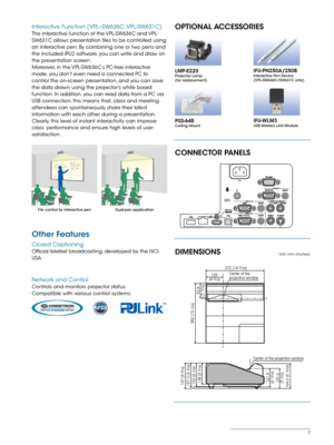 Page 77
Interactive Function (VPL--SW636C, VPL-SW631C)
The interactive function of the VPL-SW636C and VPL-
SW631C allows presentation files to be controlled using 
an interactive pen. By combining one or two pens and 
the included IPU2 software, you can write and draw on 
the presentation screen. 
Moreover, in the VPL-SW636C’s PC-free interactive 
mode, you don’t even need a connected PC to 
control the on-screen presentation, and you can save 
the data drawn using the projector’s white board 
function. In...