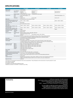 Page 8SPECIFICATIONS
VPL-DW240 VPL-DX270 VPL-DX240  VPL-DX220Display system3 LCD systemDisplay deviceSize of effective 
display area0.59” (15 mm) x 3 BrightEra Aspect ratio: 16:10 0.63” (16 mm) x 3
 BrightEra Aspect ratio: 4:3
0.63” (16 mm) x 3
Aspect ratio: 4:3
Number of pixels 3,072,000 (1280 x 800 x 3) pixels 2,359,296 (1024 x 768 x 3) pixels
Projection lens Zoom
Optical: Manual (Approx. x 1.3) Optical: Manual (Approx. x 1.2)
Focus Manual
Throw ratio 1.36:1 to 1.77:1 1.37:1 to 1.80:1 1.47:1 to 1.77:1
Light...