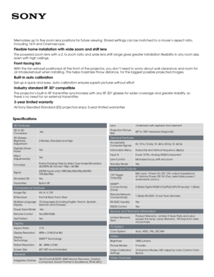 Page 23D Features
2D to 3D 
Conversion Ye s
3D Glasses 
Brightness 
Adjustment 2 Modes, Standard and High
Digitally Driven 
Panel Ye s
Effect 
Adjustment(s) Ye s
Format(s) Frame Packing/ Side by Side/ Over-Under/Simulated 
3D/ESPN 3D format/ 720p / 60 SBS
Signal (HDMI inputs only) 1080:24p/60p/50p/60i/50i ; 
720:60p/50p
Simulated 3D Ye s
Transmitter Built-in RF
Convenience Features
Image FlipHV, H, V, Off
IR Receiver Front & Rear, Front, Rear
Multiple Language 
Display 15 languages (including English, French,...