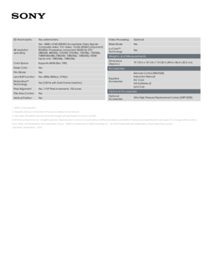 Page 31. 4096 x 2160 resolution
2. Requires devices connected to the same wireless home network.
3. Upscaled, simulated and enhanced 4K images will vary based on source content.
© 2015 Sony Electronics Inc. All rights reserved. Reproduction in whole or in part without written permission is prohibited. Features and specifications are subject to change without notice.
Sony, SXRD, and Motionflow are trademarks of Sony.  HDMI is a trademark of HDMI Licensing LLC.  All other trademarks are trademarks of their...