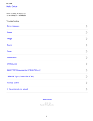 Page 15MULTI CHANNEL AV RECEIVER
STR-DH750/STR-DH550
Troubleshooting Error messages
Power
Image
Sound
Tuner
iPhone/iPod
USB devices
BLUETOOTH devices (for STR-DH750 only)
“BRAVIA”  Sync (Control for HDMI)
Remote control
If the problem  is not solved
Notes on use
4 -488 -933 -11(1)
Copyright  2014 Sony  Corporation
Help Guide
8  