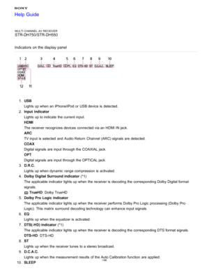 Page 153MULTI CHANNEL AV RECEIVER
STR-DH750/STR-DH550
Indicators  on the display panel
1 .  USB
Lights up when an iPhone/iPod or USB device is  detected.
2 .  Input  indicator
Lights up to indicate  the current input.
HDMI
The  receiver recognizes devices connected via an HDMI IN jack.
ARC
TV input is  selected  and Audio Return  Channel  (ARC) signals are  detected.
COAX
Digital signals are  input through the COAXIAL  jack.
OPT
Digital signals are  input through the OPTICAL  jack.
3 .  D.R.C.
Lights up when...