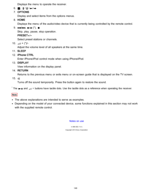 Page 156Displays the menu  to operate the receiver.
6. , ///
7.  OPTIONS  
Display and select items from the options  menus.
8 .  HOME 
Displays the menu  of the audio/video device that is  currently being  controlled by the remote control.
9 . 
/,  (*),  
Skip,  play, pause,  stop operation.  
PRESET + /–
Select preset stations  or channels.
10 . 
 +  (*)/ -
Adjust the volume  level of all  speakers at the same  time.
11 . SLEEP
12 . iPhone CTRL 
Enter iPhone/iPod control  mode  when using iPhone/iPod.
13 ....