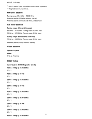 Page 158±10  dB,  1 dB  step
*3 INPUT SHORT (with sound field and equalizer bypassed).
*4 Weighted network,  input  level.
FM tuner section
Tuning range: 87.5  MHz – 108.0  MHz
Antenna  (aerial): FM  wire antenna (aerial)
Antenna  (aerial) terminals: 75 ohms,  unbalanced
AM tuner section
Tuning range  (USA  and Canada):
530 kHz  – 1,710  kHz  (Tuning scale: 10 kHz  step)
531 kHz  – 1,710  kHz  (Tuning scale: 9 kHz  step)
Tuning range  (Europe and Australia):
531 kHz  – 1,602  kHz  (Tuning scale: 9 kHz  step)...