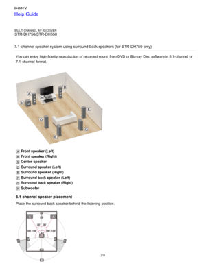 Page 218MULTI CHANNEL AV RECEIVER
STR-DH750/STR-DH550
7.1-channel speaker system using surround  back speakers (for STR-DH750 only)
You can enjoy high-fidelity reproduction of recorded  sound  from DVD or Blu -ray Disc  software in 6.1-channel  or
7.1-channel  format.
  Front speaker (Left)
 Front speaker (Right)
 Center speaker
 Surround speaker (Left)
 Surround speaker (Right)
 Surround back speaker (Left)
 Surround back speaker (Right)
 Subwoofer
6.1-channel speaker placement
Place  the surround  back speaker...